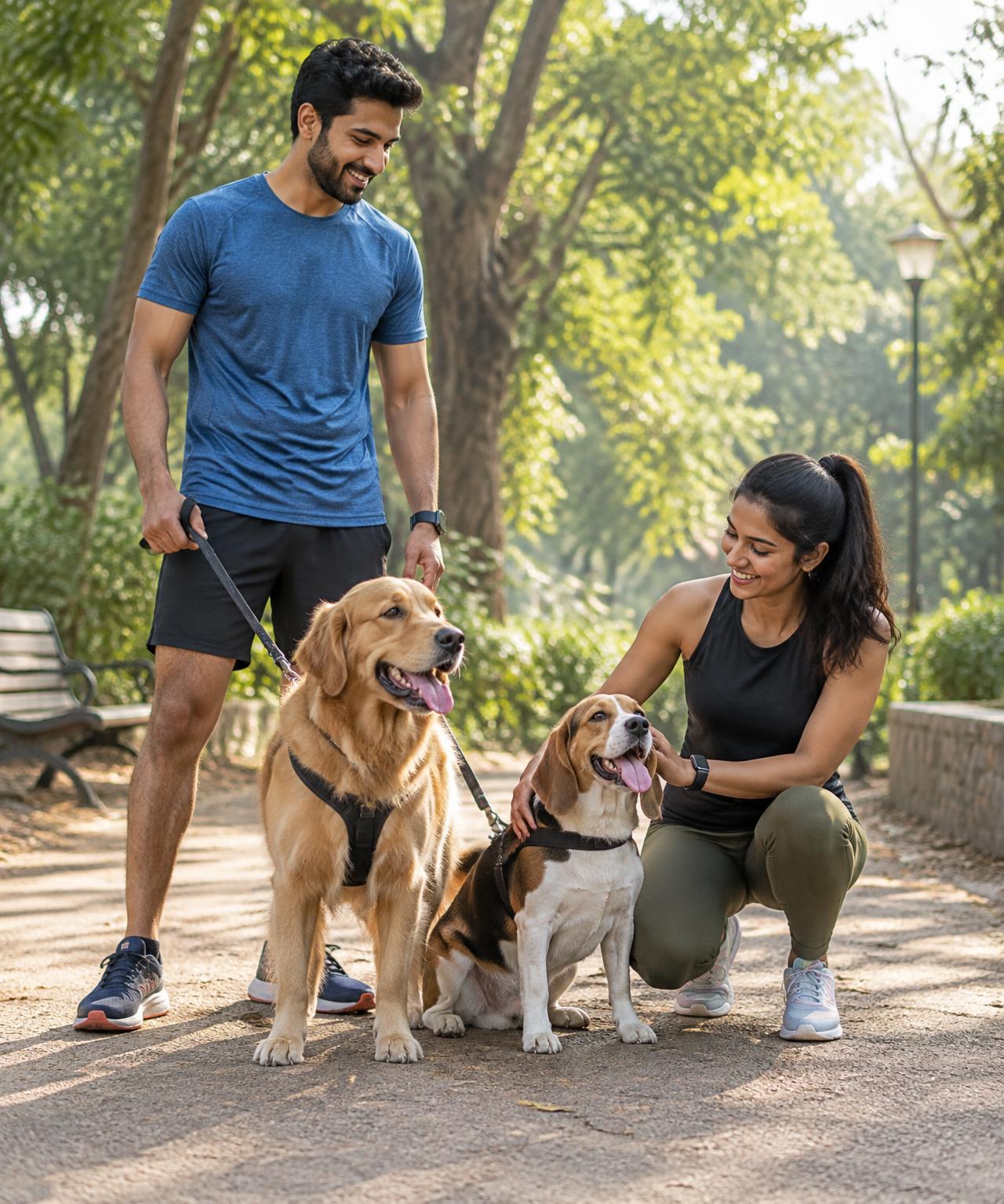 Dog owners spending time with their dogs outdoors